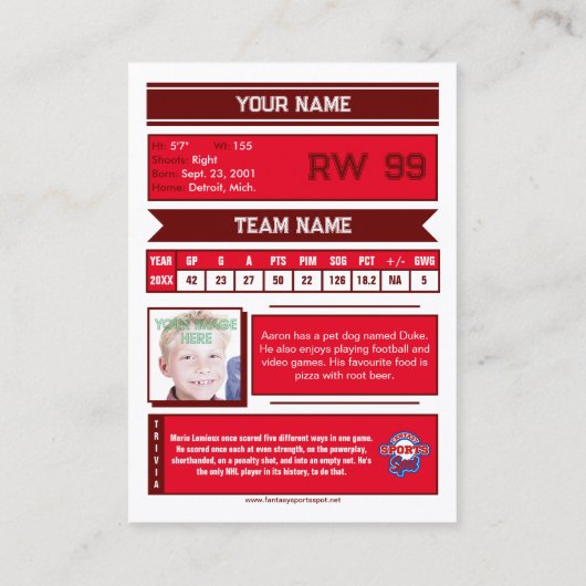 Hockey Collectible Trading Kaart | Rood Contactkaartje (Achterkant)