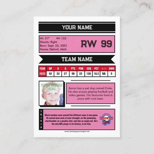 Hockey Collectible Trading Kaart | Roze Contactkaartje (Achterkant)