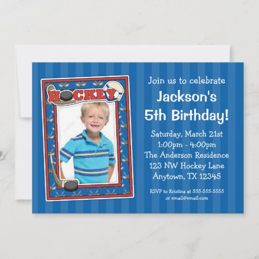 Hockey Foto van Birthday Party Blue Invitations Kaart (Voorkant)