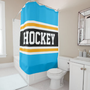 HOCKEY Fun Athletic Sky Blauw Zwart Geel Strepen Douchegordijn
