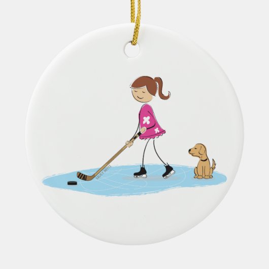 Hockey Girl Cartoon Keramisch Ornament (Voorkant)