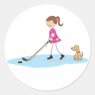 Hockey Girl Cartoon Roze Ronde Sticker