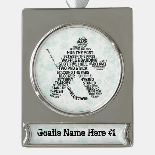 Hockey Goalie Calligram Aangepaste kerstversiering Verzilverd Banner Ornament (Voorkant)
