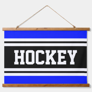 HOCKEY Helder Blauw Zwart Wit Racing Stripes Hangend Wandkleed