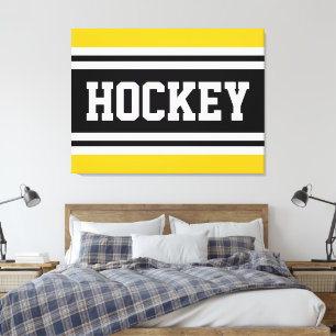 HOCKEY Helder Geel Zwart Wit Racing Strepen Canvas Afdruk