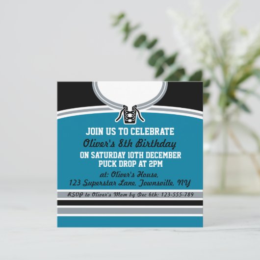 Hockey Jersey themafeest Nodig Sjabloon uit, Blauw Kaart (Staand voorkant)