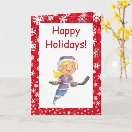 Hockey Kerstkaart - Meisje speler - rood wit Kaart (Gele Bloem)
