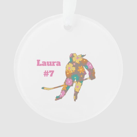 Hockey Meisje Silhouette Bruin Bloemen Naam Nummer Ornament (voorkant)