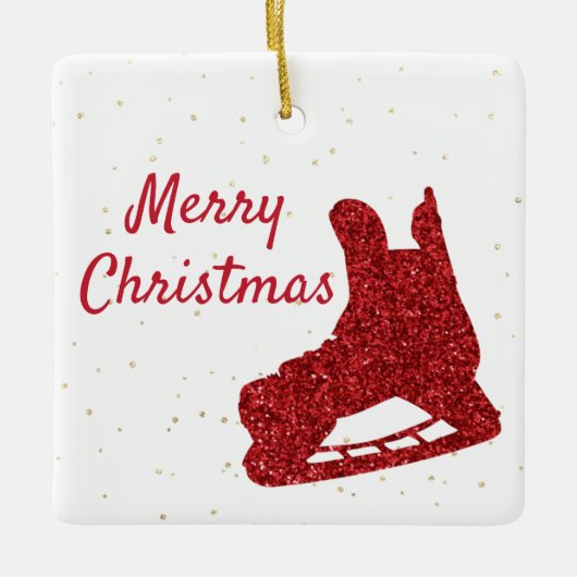 Hockey-Ornament - Rode glans-schaats en -speler Keramisch Ornament (Voorkant)