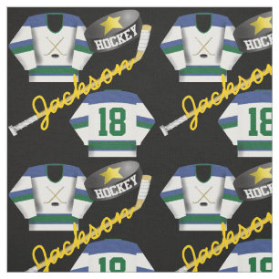 Hockey Player Jersey Puck and Stick Name Number Stof