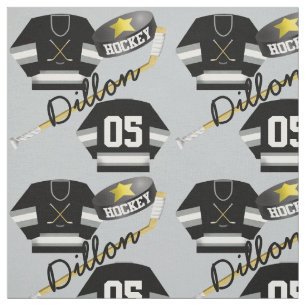 Hockey Player Jersey Puck and Stick Name Number Stof