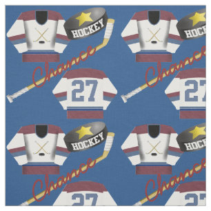 Hockey Player Jersey Puck and Stick Name Number Stof