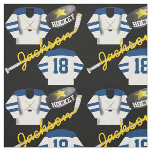 Hockey Player Jersey Puck and Stick Name Number Stof
