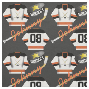 Hockey Player Jersey Puck and Stick Name Number Stof