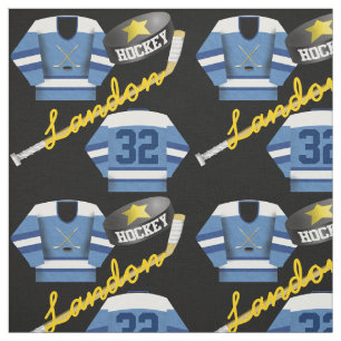 Hockey Player Jersey Puck and Stick Name Number Stof