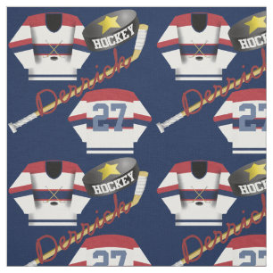 Hockey Player Jersey Puck and Stick Name Number Stof