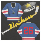 Hockey Player Jersey Puck and Stick Name Number Stof (Close Up)