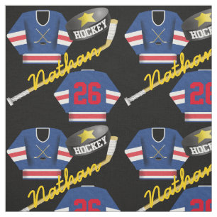 Hockey Player Jersey Puck and Stick Name Number Stof