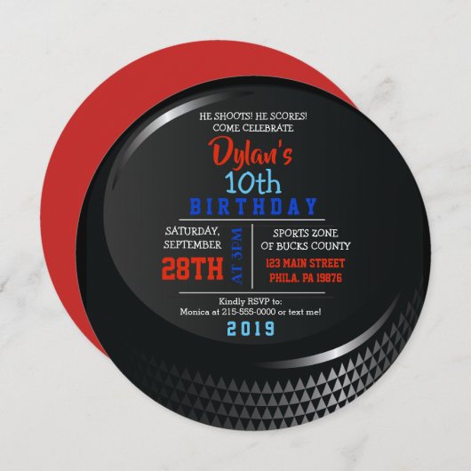 HOCKEY PUCK RONDE Uitnodiging voor verjaardagsfees (Voorkant / Achterkant)
