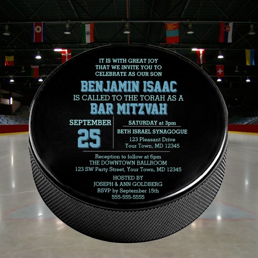 Hockey Puck Round Blue Bar Mitzvah Uitnodiging