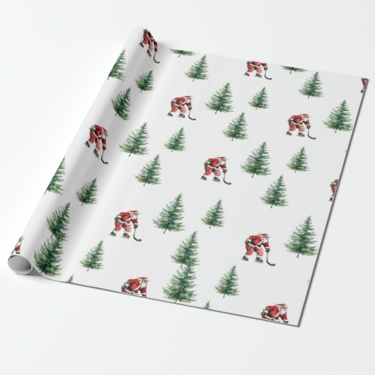 Hockey Santa en Pine Trees Kerstverpakking Cadeaupapier (Uitgerold)