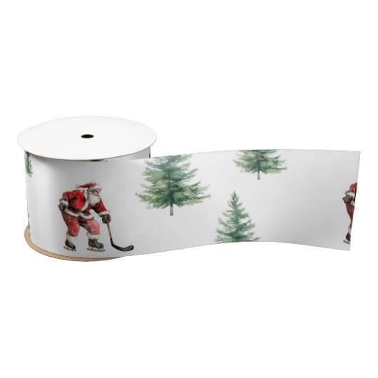 Hockey Santa en Pine Trees Kerstverpakking Satijnen Lint (Spoel)