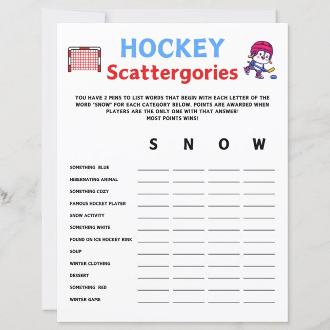 Hockey Scattergories spel (Voorkant)