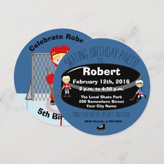 Hockey Skating Birthday Party Circle Invite Kaart (Voorkant / Achterkant)