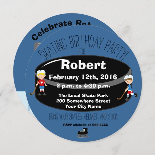 Hockey Skating Birthday Party Circle Invite Kaart (Voorkant / Achterkant)