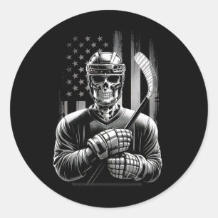Hockey Skelet Amerikaanse Vlag Halloween Mannen Te Ronde Sticker