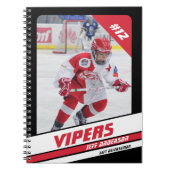 Hockey speler Keepsake op levendige rood zwart Notitieboek (Voorkant)