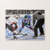 Hockey-spelers en Refereer Face Off Legpuzzel (Horizontaal)