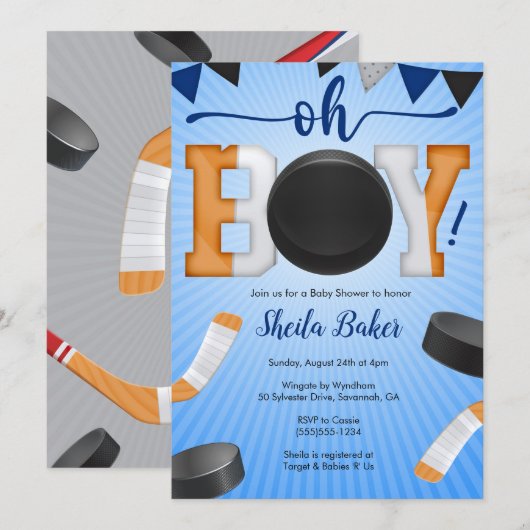 Hockey Sport Baby shower Uitnodiging - Oh Boy (Voorkant / Achterkant)