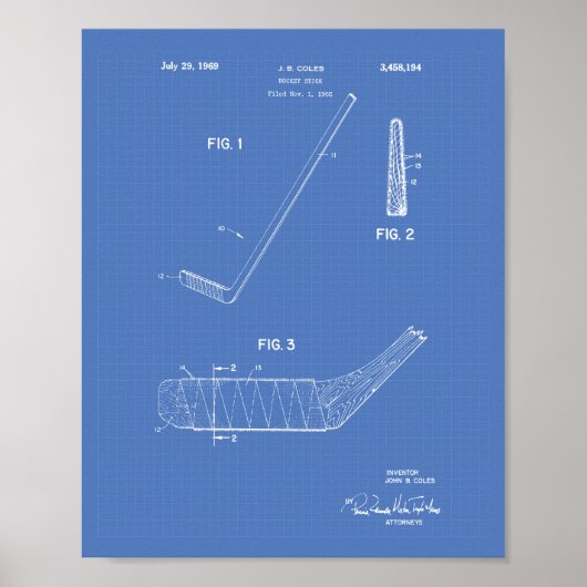 Hockey Stick 1966 Patent Art - Blauwdruk Poster (Voorkant)