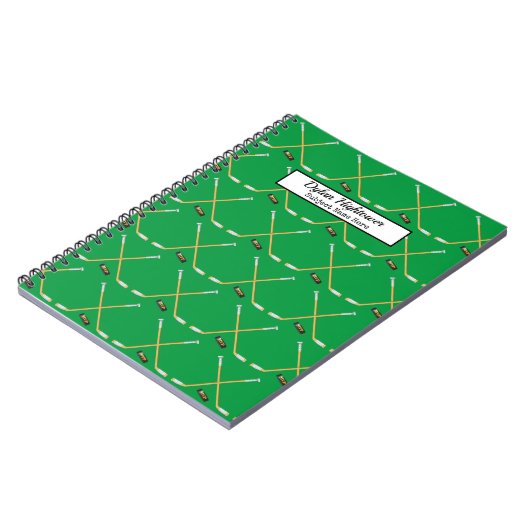 Hockey Sticks | Groene naam MVP Puck Pattern Notitieboek (Linkerzijde)