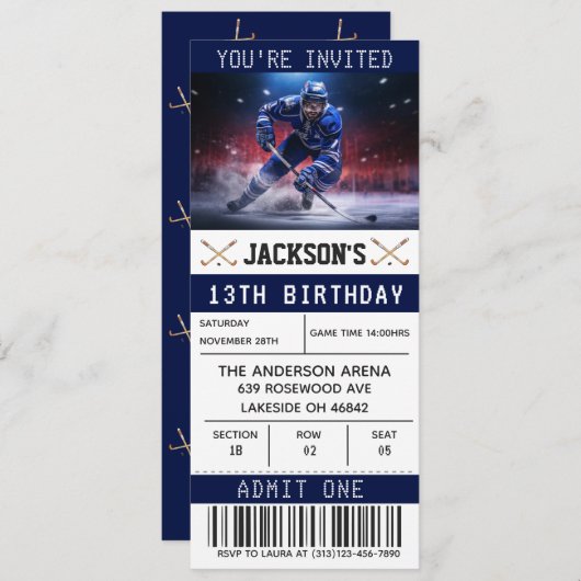 Hockey Ticket Verjaardagsuitnodiging Sjabloon Kaart (Voorkant / Achterkant)