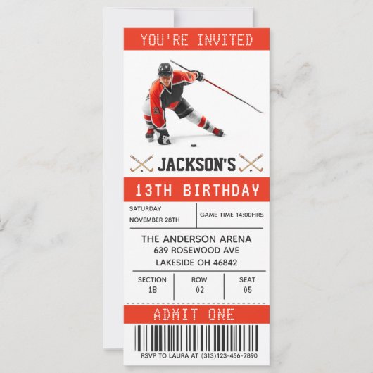 Hockey Ticket Verjaardagsuitnodiging Sjabloon Kaart (Voorkant)