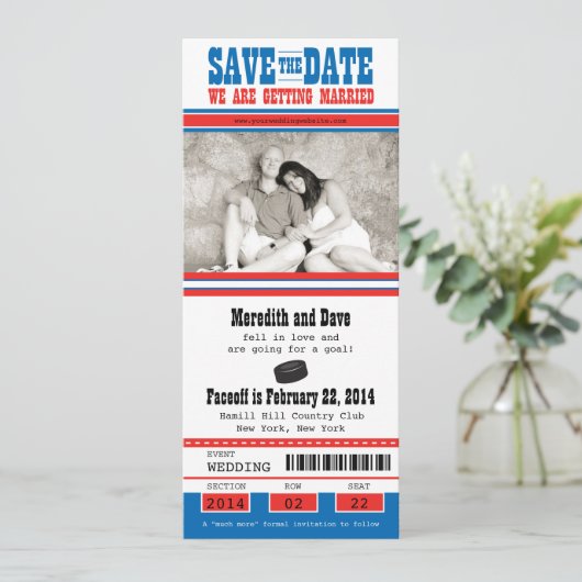 Hockey Ticket Wedding Save the Date (Staand voorkant)