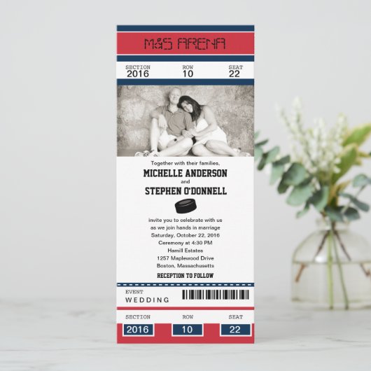 Hockey Ticket Wedding Uitnodiging (Staand voorkant)