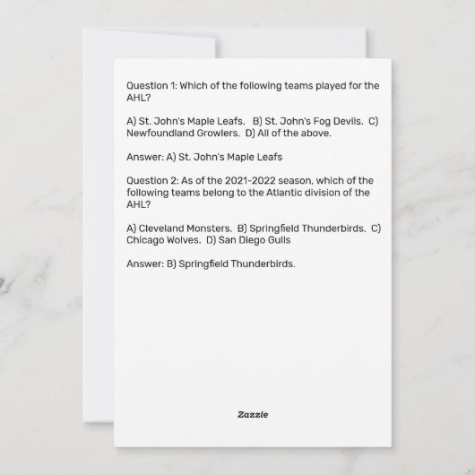 Hockey Trivia Birthday Card Feestdagenkaart (Achterkant)