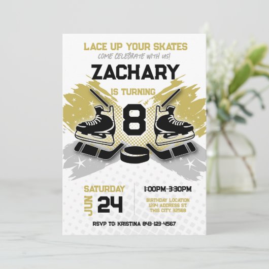 Hockey verjaardagsuitnodiging GOLD thema Kaart (Staand voorkant)