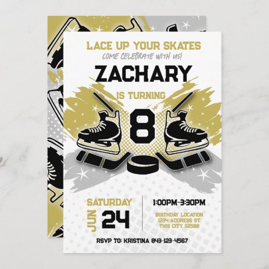 Hockey verjaardagsuitnodiging GOLD thema Kaart (Voorkant / Achterkant)