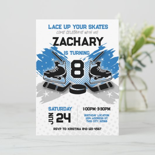 Hockey verjaardagsuitnodiging | schaatsuitnodiging kaart (Staand voorkant)