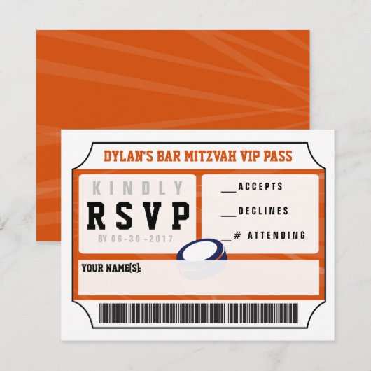 HOCKEY VIP REPLY CARD Bar Bat Mitzvah Uitnodiging (Voorkant / Achterkant)