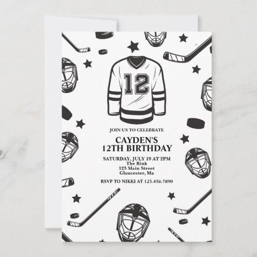 Hockey zwart en wit 12e verjaardag kaart (Voorkant)