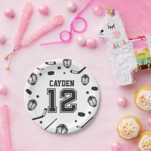 Hockey zwart en wit 12e verjaardag papieren bordje (Feest)