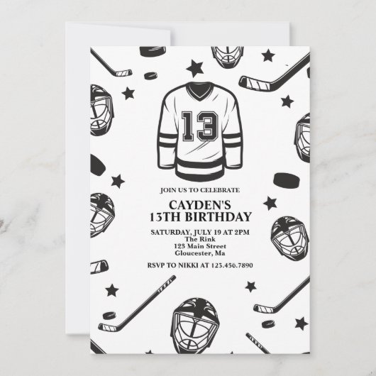 Hockey zwart en wit 13e verjaardag kaart (Voorkant)
