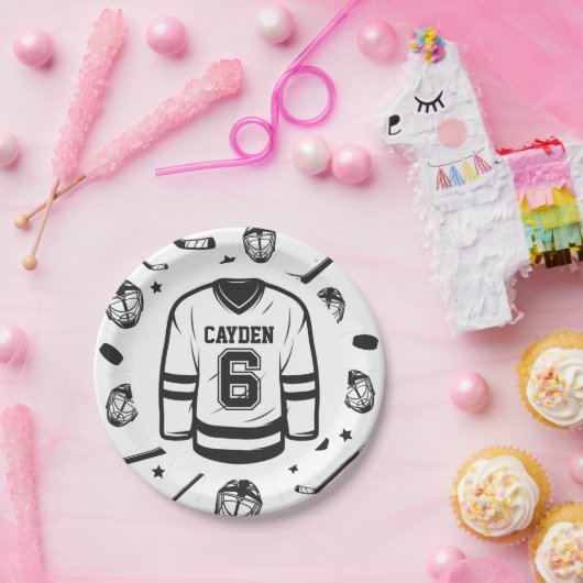 Hockey zwart en wit 6e verjaardag papieren bordje (Feest)