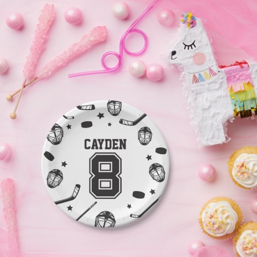 Hockey zwart en wit 8e verjaardag papieren bordje (Feest)