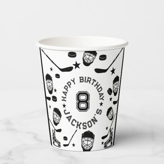 Hockey zwart-wit thema Kids Verjaardagsfeest Papieren Bekers (Achterkant)
